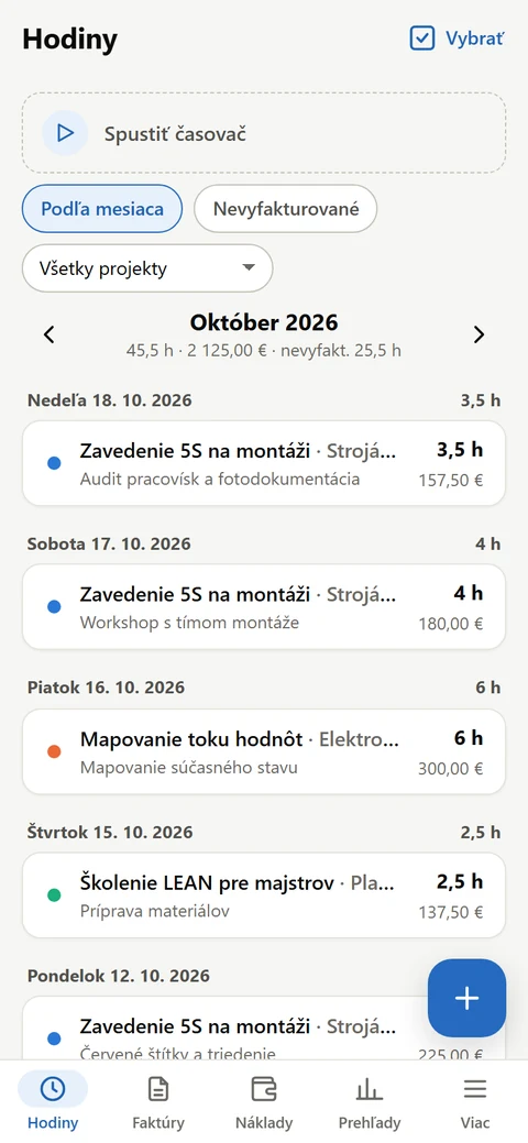 Zoznam odpracovaných hodín v aplikácii Expres fakturácia